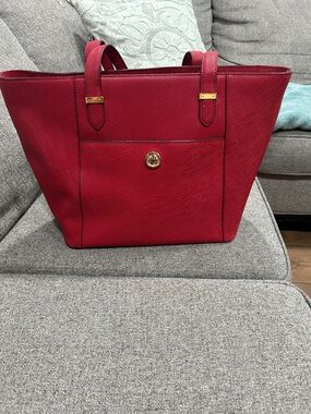 Ralph Lauren Red Textured Leather Tote with Gold Hardware